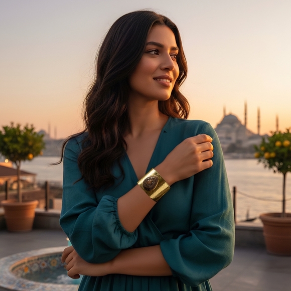 🆕Handcrafted Turkish Gold Wide Cuff Artisan Bracelet With Druzy Chalcedony Gem - Picture 10 of 15